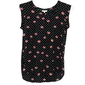 Pleione Women’s Sleeveless Blouse Size XS / Black Polka Dots and Flowers